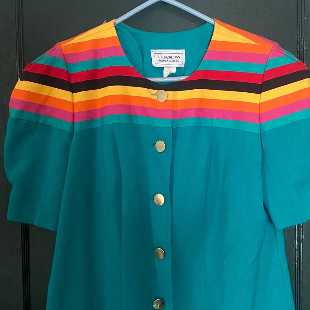 Vintage S.L. Fashions Teal Dress with Multicolored Stripes
